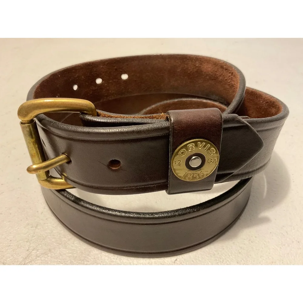 Orvis Gauge Brass Shotgun Shell BrownLeather Belt Men LG USA Made